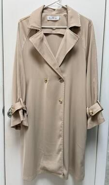 Women Beige Trench Coat Long Duster Jacket Double Breasted Lapel Casual Size L
